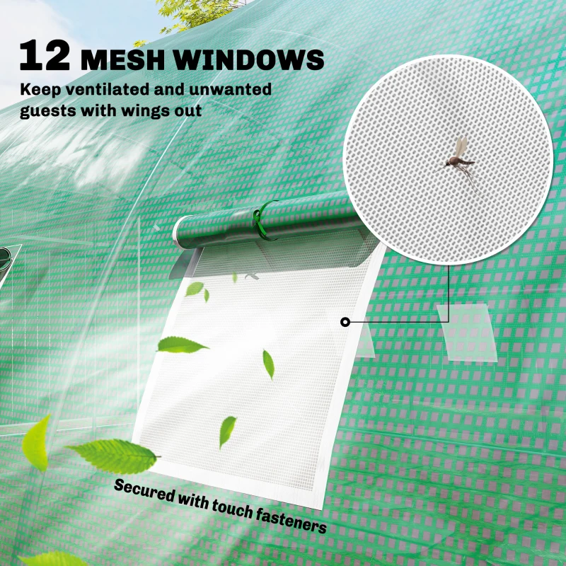 Outsunny Serra a Tunnel con 2 Aste di Supporto 2 Porte Avvolgibili e Finestre con Rete Copertura in PE Anti-UV Verde