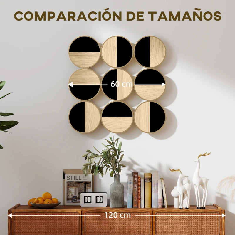 HOMCOM Cuadro Decorativo de Pared Geométrico Adorno Moderno 3D de 60x60 cm con Espejo de Plástico Negro y Madera Natural