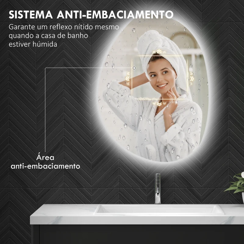 HOMCOM Espelho de Casa de Banho LED 3 Cores de Luz Brilho Regulável Função Anti Embaciamento Função Memória IP44 80x60 cm Prata