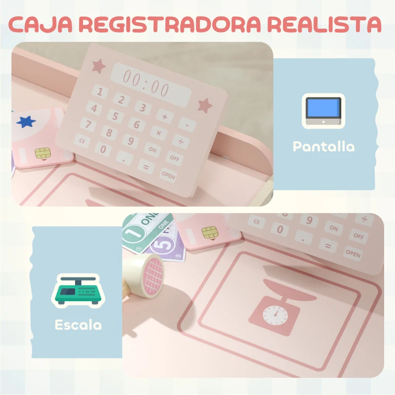 AIYAPLAY Supermercado Juguete Madera con Caja Registradora Máquina Expendedora 3 Estantes Abiertos 4 Compartimentos Rosa
