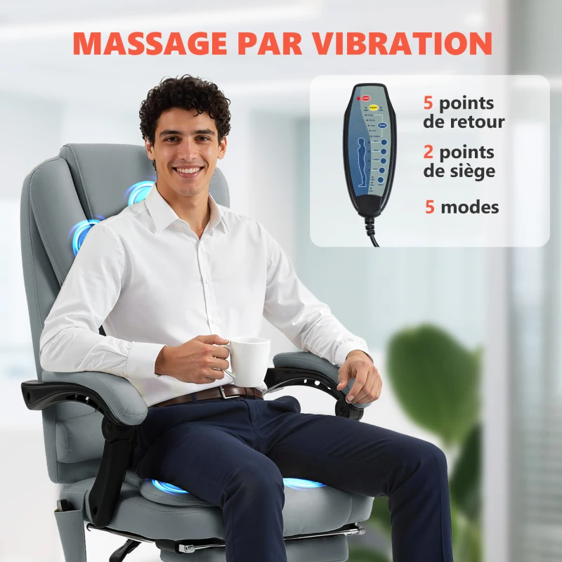 Vinsetto Fauteuil de bureau massant, chaise de bureau avec hauteur réglable, dossier inclinable et télécommande filaire, gris