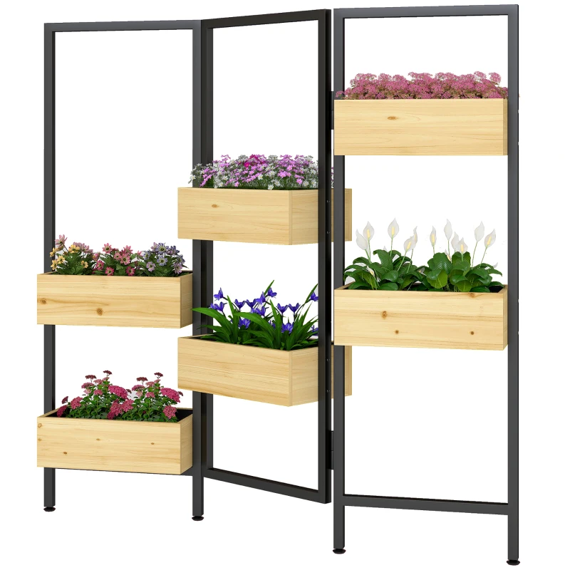 Outsunny Flower box with privacy screen, raised bed with foldable trellis, 6 planter boxes with drainage holes, steel