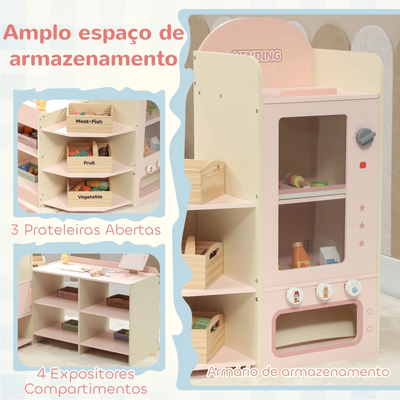 AIYAPLAY Supermercado de Brinquedo em Madeira Loja com Caixa Registadora Máquina de Venda Automática 3 Prateleiras Abertas 4 Compartimentos 90,7x60x73,8 cm Rosa
