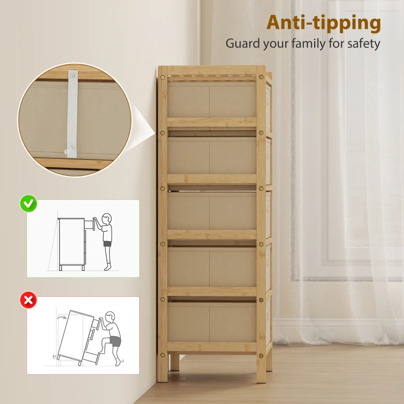 HOMCOM Kommode mit 5 Stoffschubladen Bambusgestell Schubladenschrank für kleine Räume Creme und Natur