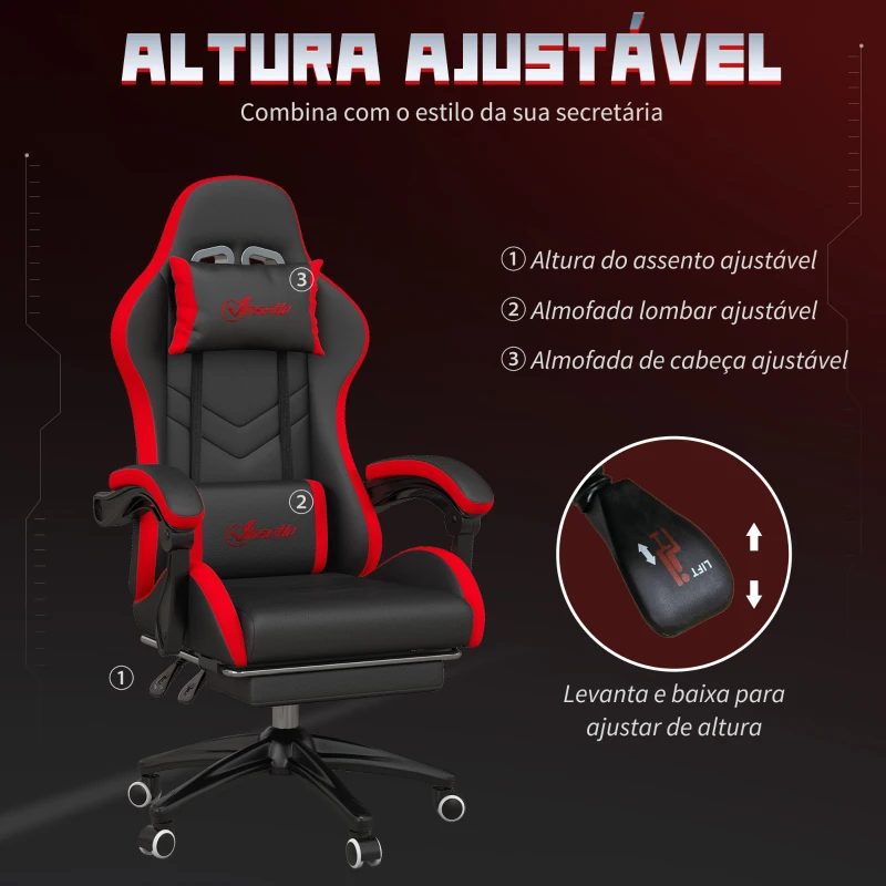 Vinsetto Cadeira Gaming Ergonómica Reclinável 135° de Couro PU com Suporte Lombar Altura Ajustável 65x65x129 cm Preto e Vermelho