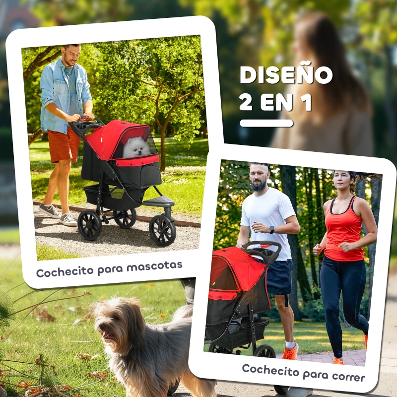 PawHut Carrito para Perros con 3 Ruedas Ventanas de Malla Cesta de Almacenaje y Correas de Seguridad 109,5x57,5x106,5 cm Rojo