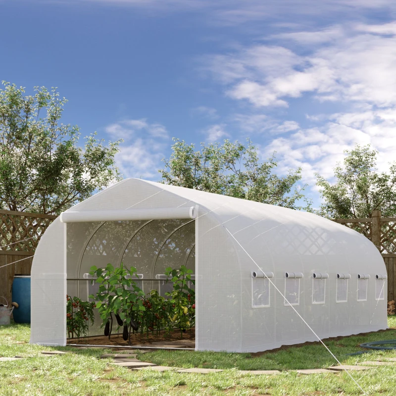 Outsunny Estufa Tipo Túnel 595x300x200cm Estufa de Jardim Grande com 12 Janelas e Porta Enrolável com Zíper para Cultivo de Plantas Branco