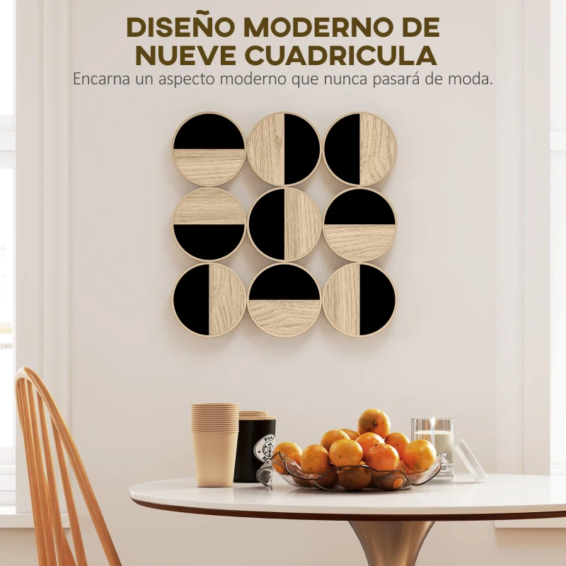 HOMCOM Cuadro Decorativo de Pared Geométrico Adorno Moderno 3D de 60x60 cm con Espejo de Plástico Negro y Madera Natural