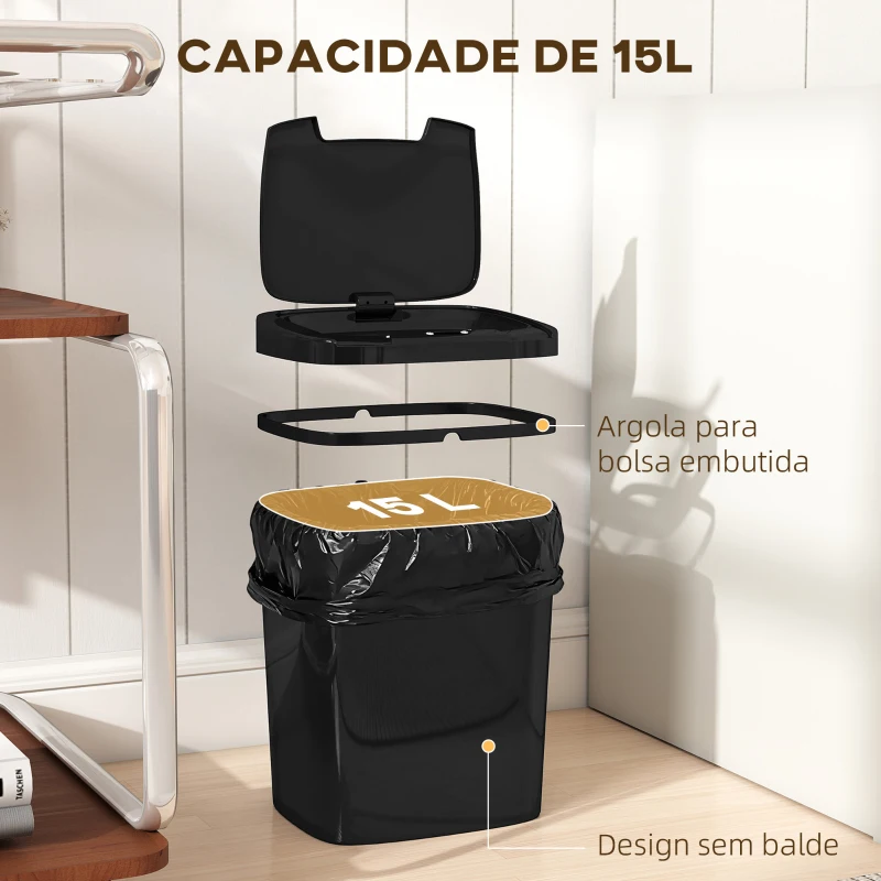 HOMCOM Balde de Lixo Automático 15L com Sensor Infravermelhos e Modo Manual Anel de Retenção Antimarcas 27,6x21,4x33,5 cm Preto