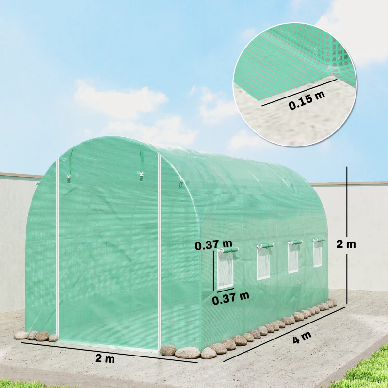 Outsunny Greenhouse Cover 4 x 2 m, Waterproof Garden Film with Door, 8 Windows, UV Protection, Tear-Resistant Polyethylene Green
