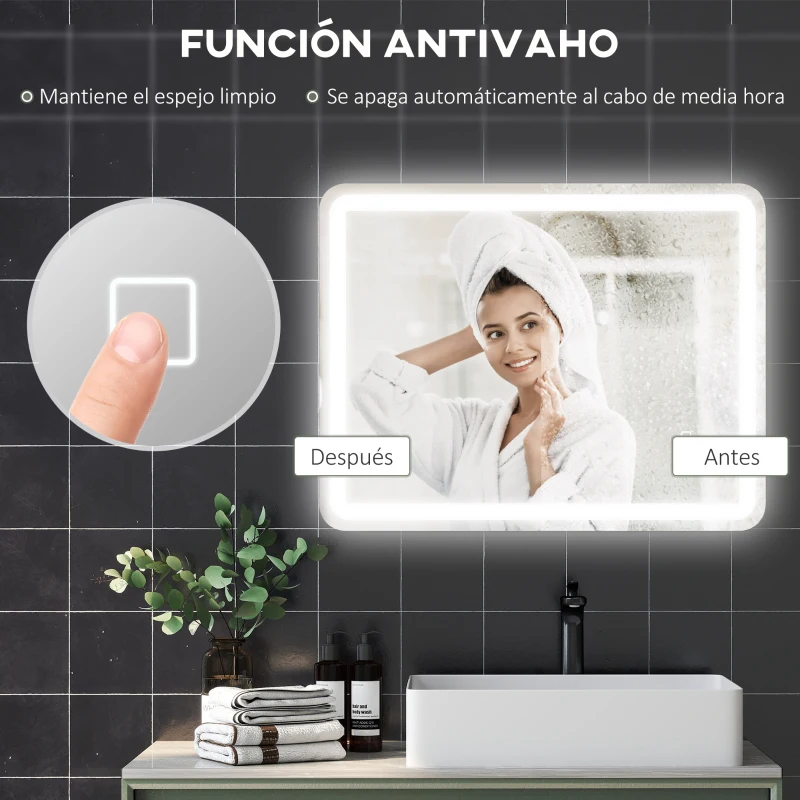 HOMCOM Espejo de Baño con Luces LED 70x90 cm 3 Colores de Luz Brillo Regulable Función Antivaho Función de Memoria IP44