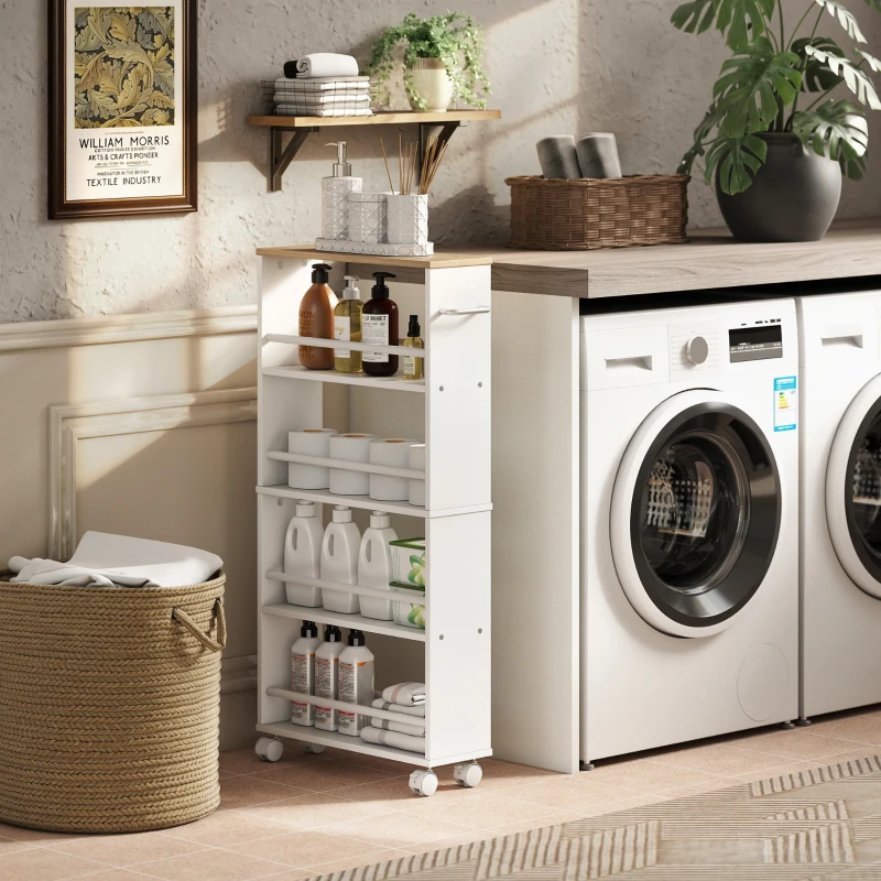 HOMCOM Multifunktionsregal mit Rollen, schmale Bauweise, 4 Fächer, 45x15x91 cm, Natur