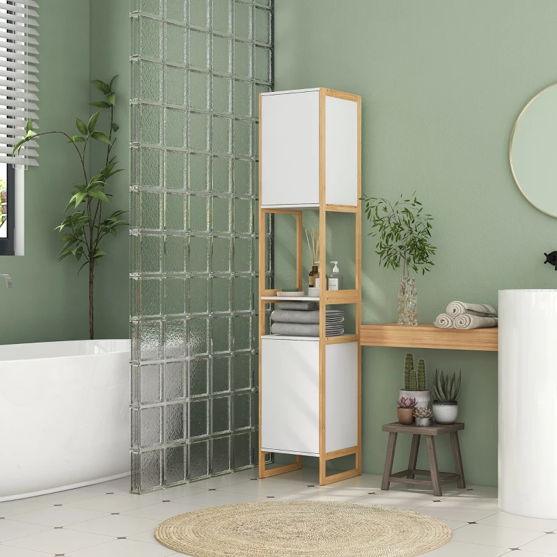 HOMCOM Meuble colonne de salle de bain avec 2 niches et 2 placards étagère réglable, bambou et MDF 33L x 33l x 170H cm blanc
