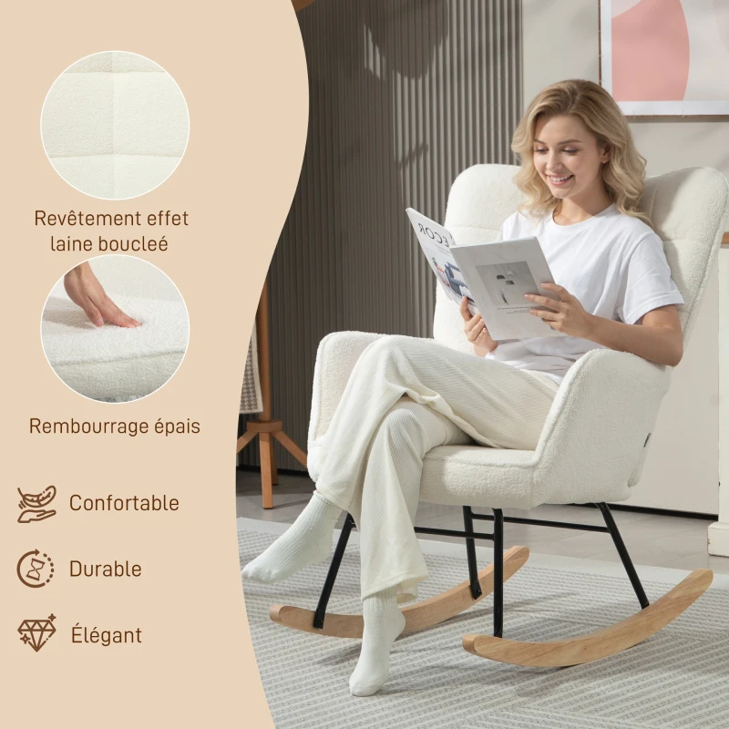 HOMCOM Fauteuil à bascule rocking chair revêtement effet laine bouclée, structure en acier 71 x 98 x 101 cm blanc
