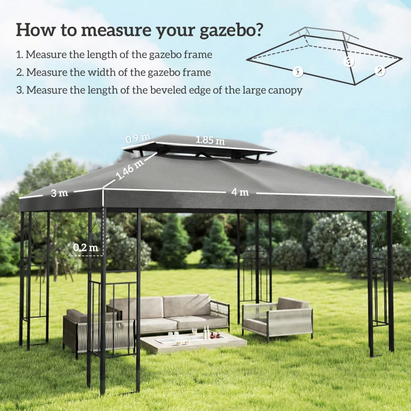 Outsunny Prelată de schimb 400x300 cm cu acoperiș dublu, orificii de drenaj și protecție UV, doar prelată, NU include cadru, gri