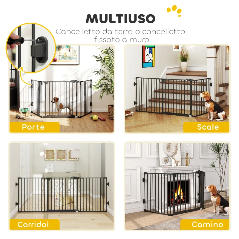 PawHut Cancellino per Cani Pieghevole in Acciaio con Chiusura Automatica, 202.5x2x76cm, Nero