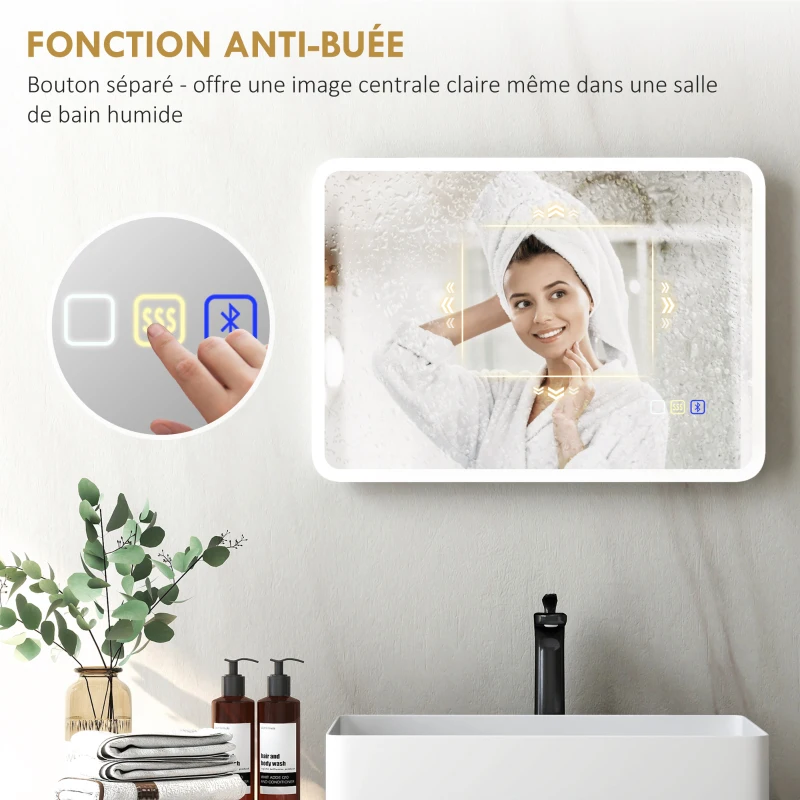HOMCOM Miroir salle de bain LED bluetooth 50 x 70 cm interrupteur tactile lumière réglable 3 couleurs anti-buée mémoire argent