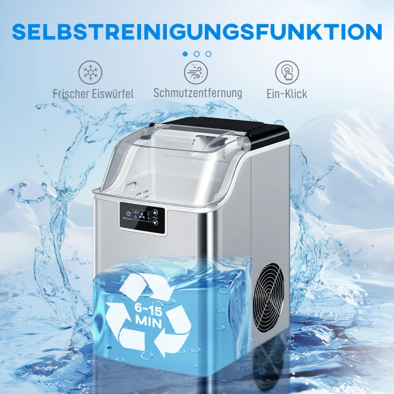 HOMCOM Eiswürfelmaschine, Eiswürfelspender, Ice-Maker, 20 kg/24h Eiswürfelbereiter mit 2,1 L Wassertank, Silber