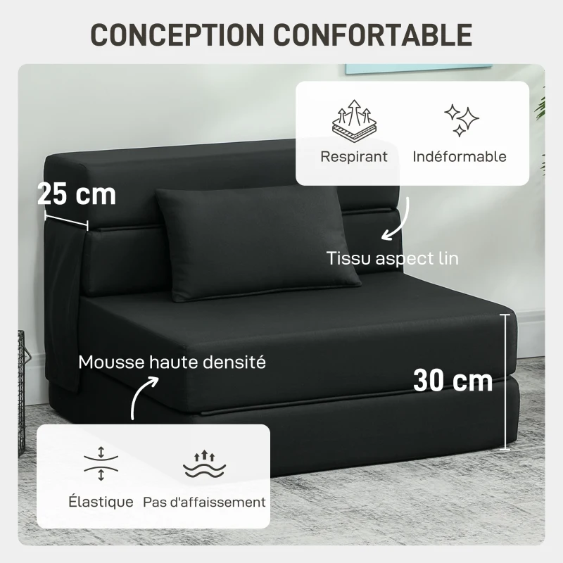 HOMCOM Fauteuil convertible 1 place fauteuil lit pliant, coussin inclus, pour invités, salon, petit espace, charge 120 kg, noir