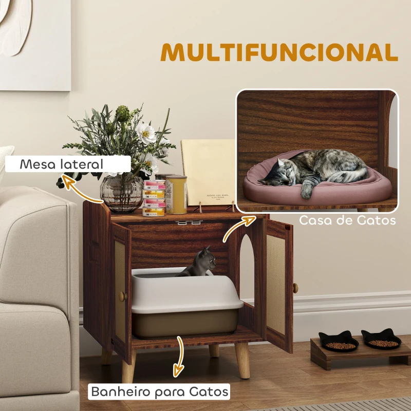 PawHut Móvel Caixa de Areia para Gatos com Tapetes de Sisal Pés de Madeira 55x43x59,6 cm Castanho Rústico