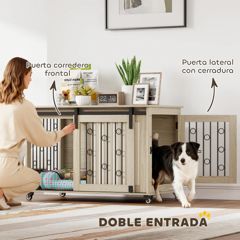 PawHut Jaula para Perros Medianos y Grandes Mesa Auxiliar Moderna con 2 Puertas y Cierre 100x56x65 cm Roble