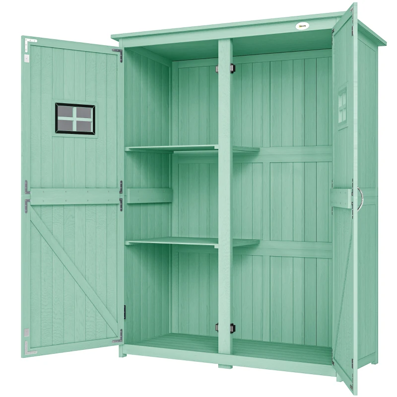 Outsunny Wooden Garden Shed with Two Windows, Tool Storage Cabinet, Outdoor Double Door organiser 127.5L x 50W x 164H cm, Green