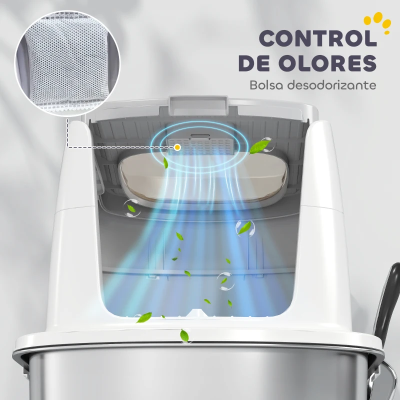 PawHut Arenero para Gatos de Acero Inoxidable L con Tapa Abatible Pala Metálica Bolsa Desodorizante Fácil de Limpiar Blanco