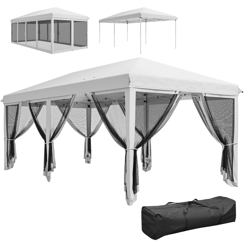 Outsunny Tonnelle Barnum Pliant Pop-up 6 x 3 m moustiquaires amovibles + Sac de Transport Crème Noir