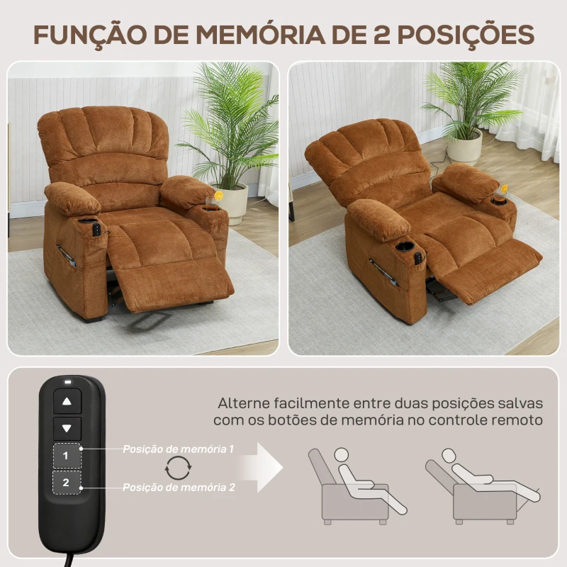 HOMCOM Poltrona Relax Reclinável Elétrica com Função Memória Apoia-Pés Controlo Remoto Bolsos Laterais Porta USB Porta-Copos Castanho