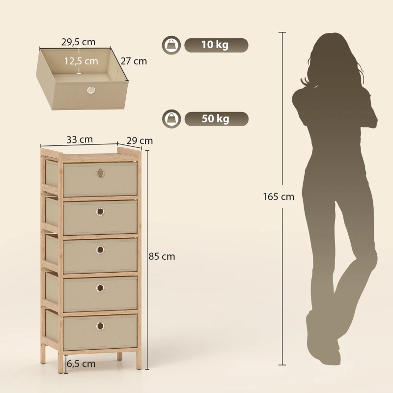 HOMCOM Commode avec 5 tiroirs en tissu Structure en bambou Commode pour petits espaces Crème et naturel