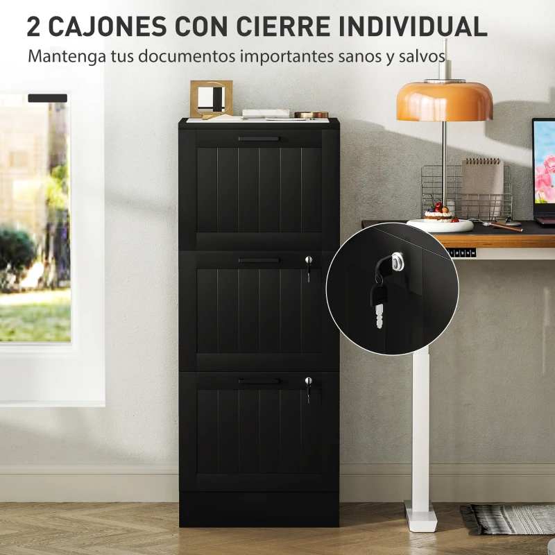 HOMCOM Mueble Archivador con 3 Cajones Cajonera para Escritorio con Cerraduras Carpetas para A4 y Carta 40x40x101 cm Negro