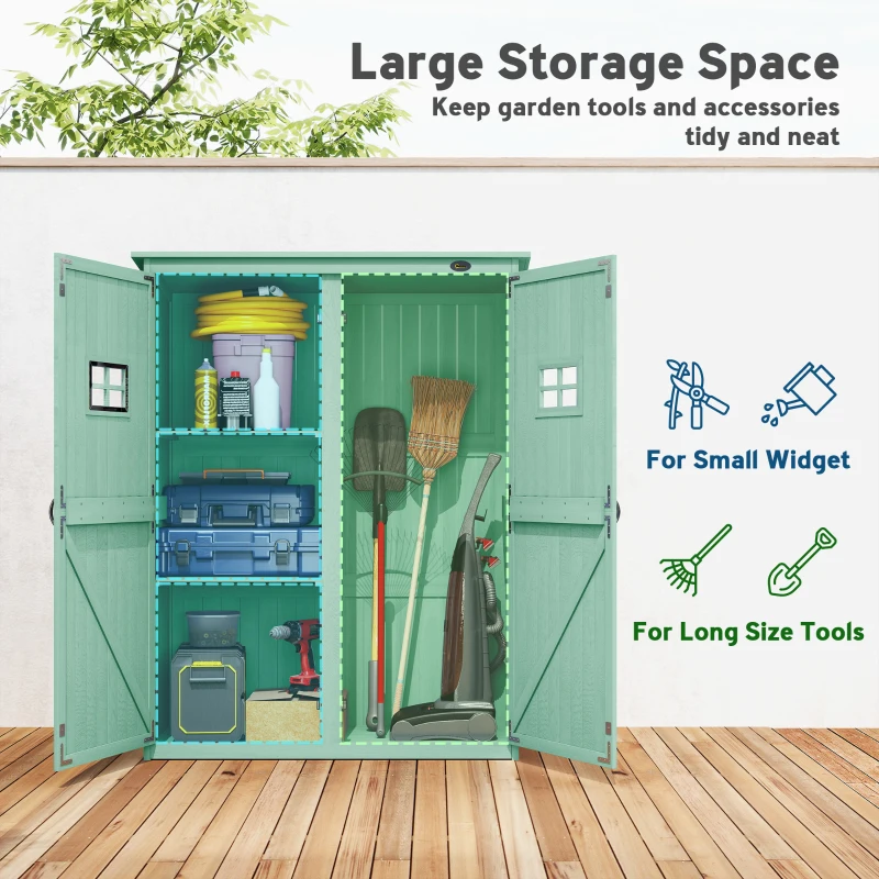 Outsunny Wooden Garden Shed with Two Windows, Tool Storage Cabinet, Outdoor Double Door organiser 127.5L x 50W x 164H cm, Green