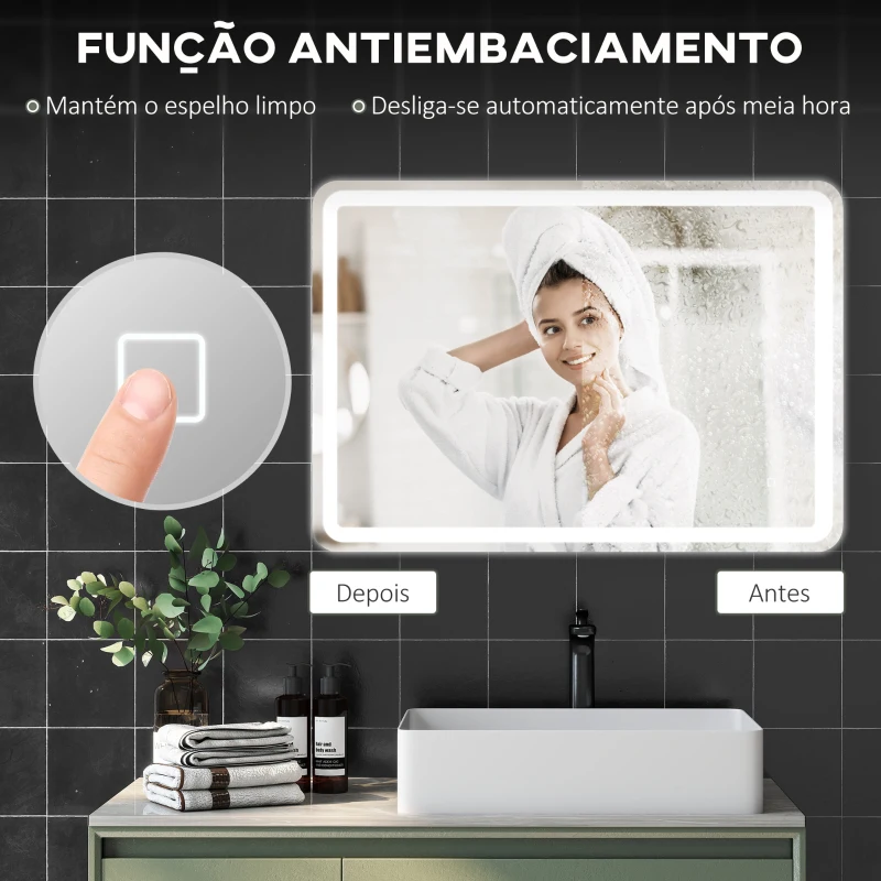 HOMCOM Espelho Casa de Banho com Luzes LED 70x100 cm Função Antiembaciamento 3 Temperaturas de Cor Ajustável e Função de Memória Prata