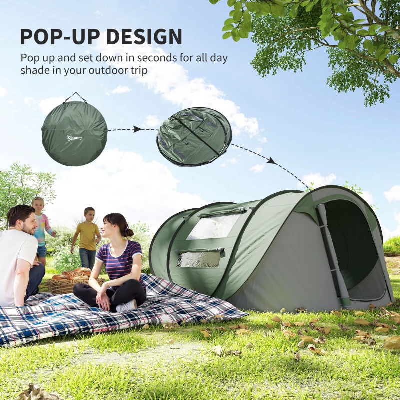 Outsunny 4-5 Person Pop-up Camping Tent Family Tent w/ 2 Mesh Windows & PVC Windows Portable Carry Bag for Outdoor Trip, Dark Green