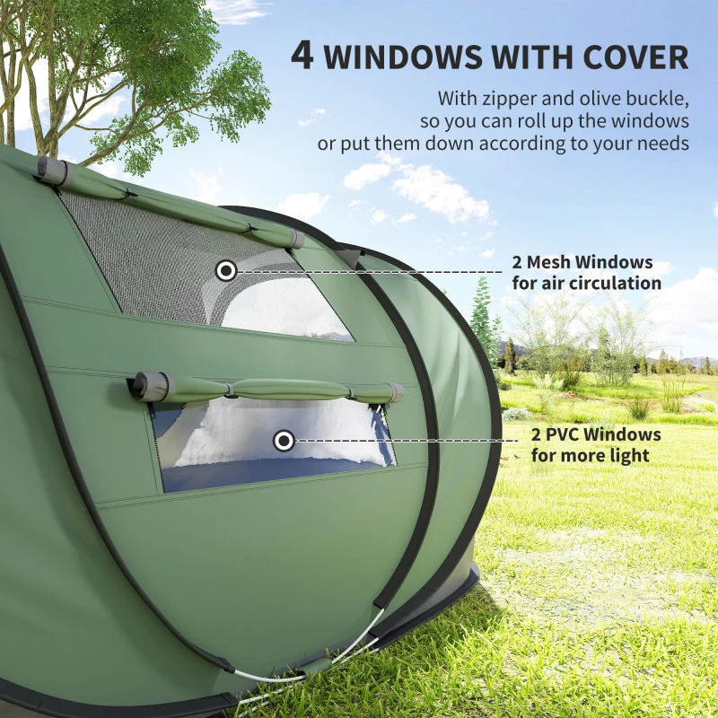 Outsunny 4-5 Person Pop-up Camping Tent Family Tent w/ 2 Mesh Windows & PVC Windows Portable Carry Bag for Outdoor Trip, Dark Green