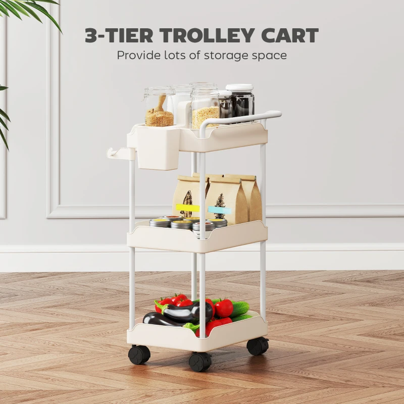 HOMCOM Wózek kuchenny na kółkach z 3 poziomami, koszami wiszącymi, uchwytem na ręczniki, półką kuchenną na kółkach, wózek do przechowywania, wózek wielofunkcyjny do salonu, kuchni, łazienki, biura, biały