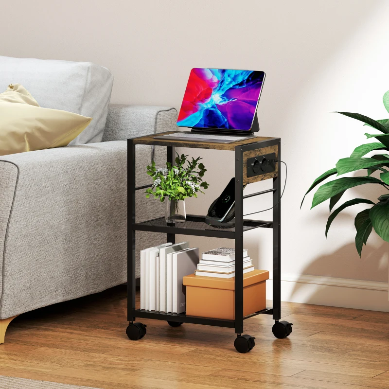 HOMCOM Mobile Printer Stand with Charging Station and USB/USB-C Ports, 3-Tier Under Desk Printer Cart with Storage Shelf and Lockable Wheels for Home and Office, Rustic Brown