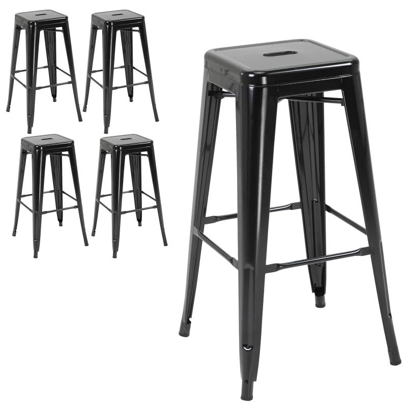HOMCOM Zestaw 4 Stołków Barowych, Barhocker z Podnóżkiem, Metalowe Stołki Kuchenne, Stosowalne, Czarne