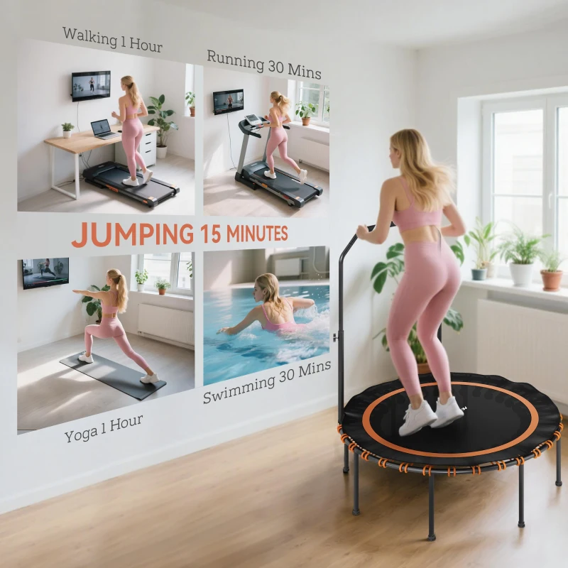 SPORTNOW Składany Trampolin Fitness Ø114 cm Mini Trampolin z 5 Regulowanymi Poziomami Uchwytu, Ciche Linki Gumowe, Trampolin dla Dorosłych do Wewnątrz i Na Zewnątrz