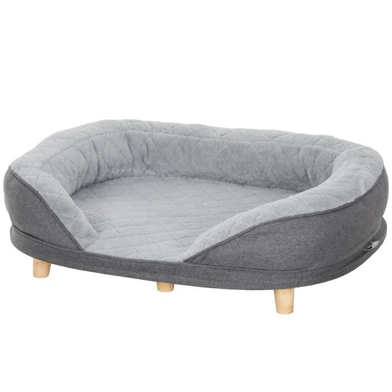 PawHut Raised Dog Sofa with Detachable Top, Cat Sofa with Padded Sides, Elevated Pet Bed with Anti-Slip Feet, Wooden Feet for Large and Medium Dogs - Grey