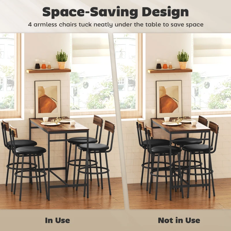 HOMCOM 5-Piece Counter Height Bar Table Set with 4 Stools, Industrial Dining Table Set for 4 with Footrest and Steel Frame for Small Spaces, Kitchen, Dining Room, Brown