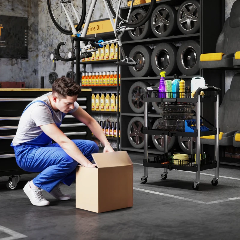 HOMCOM Wózek warsztatowy z 3 półkami, Składany wózek narzędziowy z uchwytem, Wózek montażowy dla magazynu, garażu, do 68 kg, Czarny