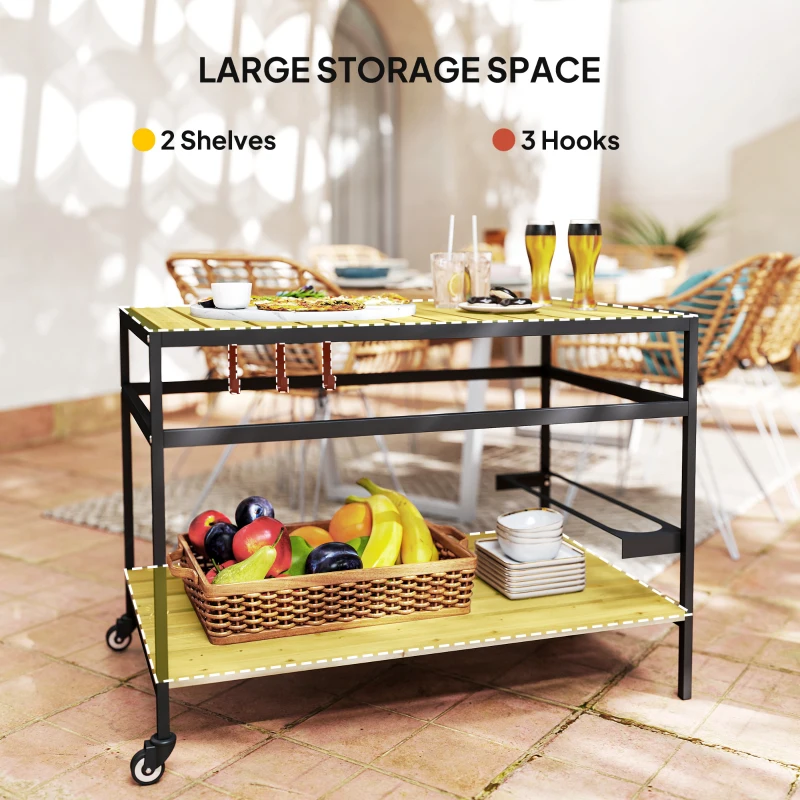 Outsunny Wózek Serwisowy, Wózek Grillowy z 2 Półkami, Wózek Ogrodowy z Hakami, Zewnętrzny Stolik Wielofunkcyjny z Kółkami, do Ogrodu, Balkonu, Naturalny, 107 x 65 x 80cm