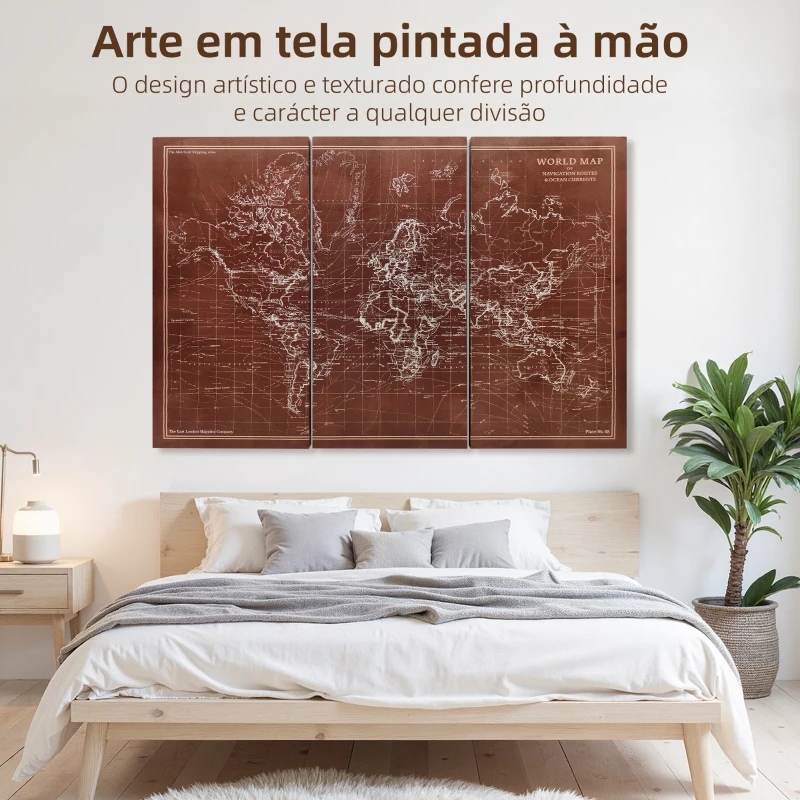 HOMCOM Quadros Decorativos Mapa Múndi Vintage Pintados à Mão 120x60 cm Quadros de Arte de Parede com Moldura de Madeira Castanho