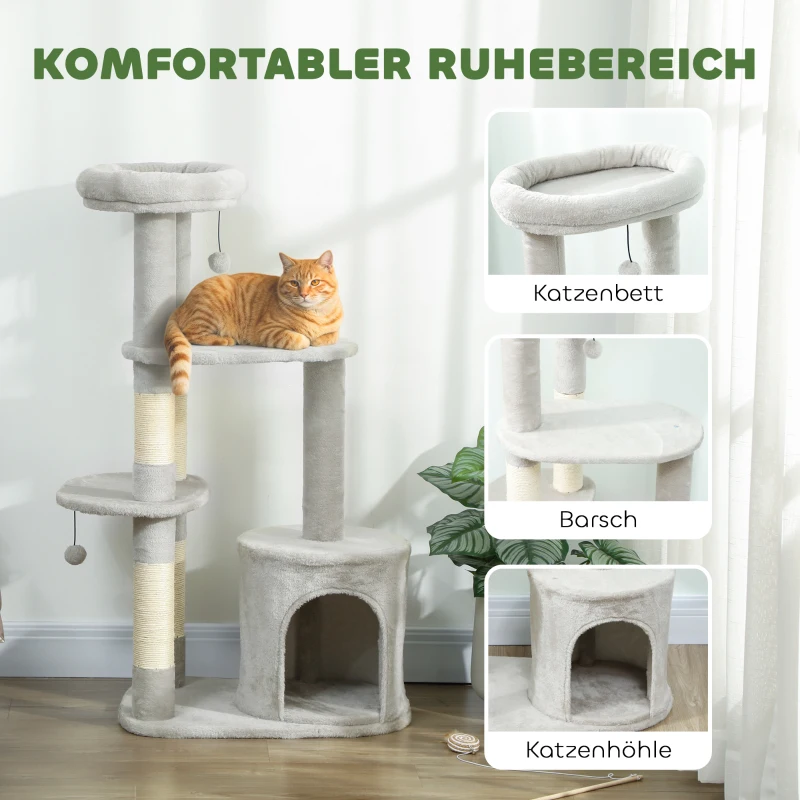 PawHut Drapak dla kotów 114 cm z jaskinią, słupkami sizalowymi, platformą, piłką, wielopoziomowy, dla kotów średniej wielkości do 6 kg, Jasnoszary