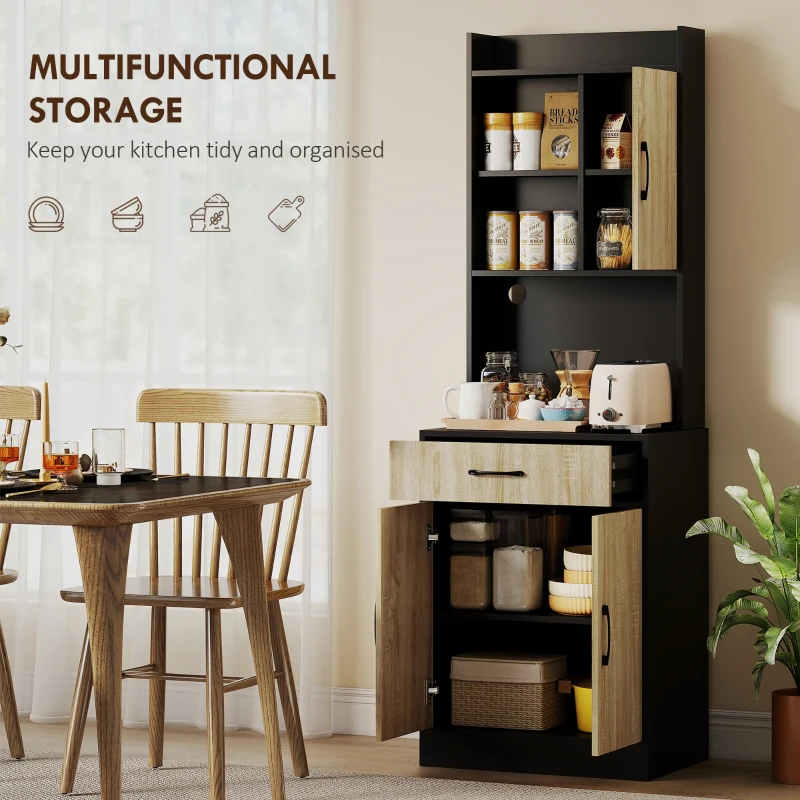 HOMCOM Szafka kuchenna wysoka z 3 drzwiami, szufladą, witryną z 3 otwartymi półkami, półką na mikrofalówkę, otworem na kable, szafka na zapasy do kuchni, salonu, czarna