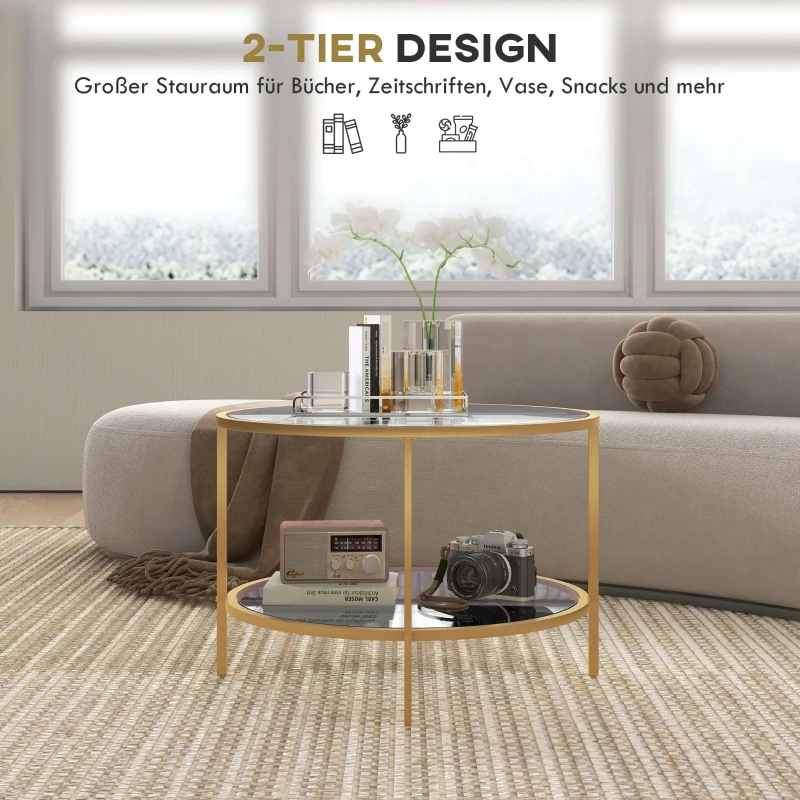 Stolik HOMCOM: Okrągły stolik pomocniczy z półką, stalowy stelaż, stolik kawowy, szafka nocna do salonu, sypialni, złoty, Ø60 x 43 cm