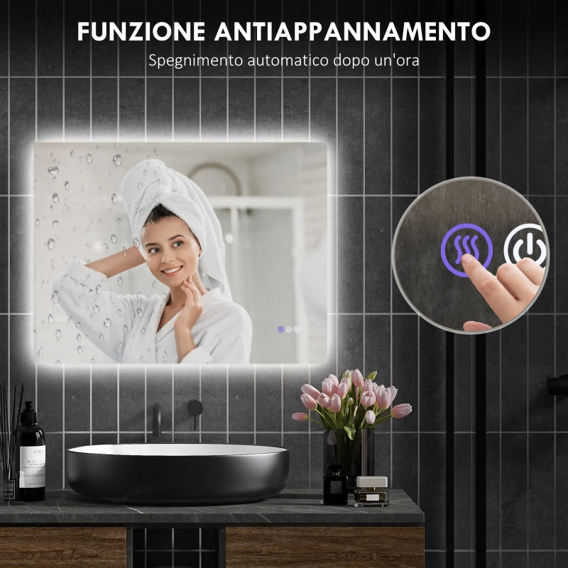 HOMCOM Specchio da Bagno Anticondensa con Luminosità e Colore Regolabili, in Vetro e Lega di Alluminio, 80x60x4 cm