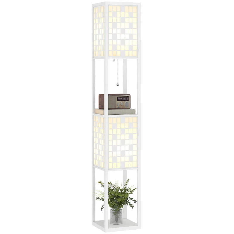 HOMCOM Floor Lamp with Shelves, 2 Layer Grid Pattern Column Modern Standing Lamp with Foot Switch and Pull Chain for Living Room, Bedroom, Office, Bulb Not Included, White
