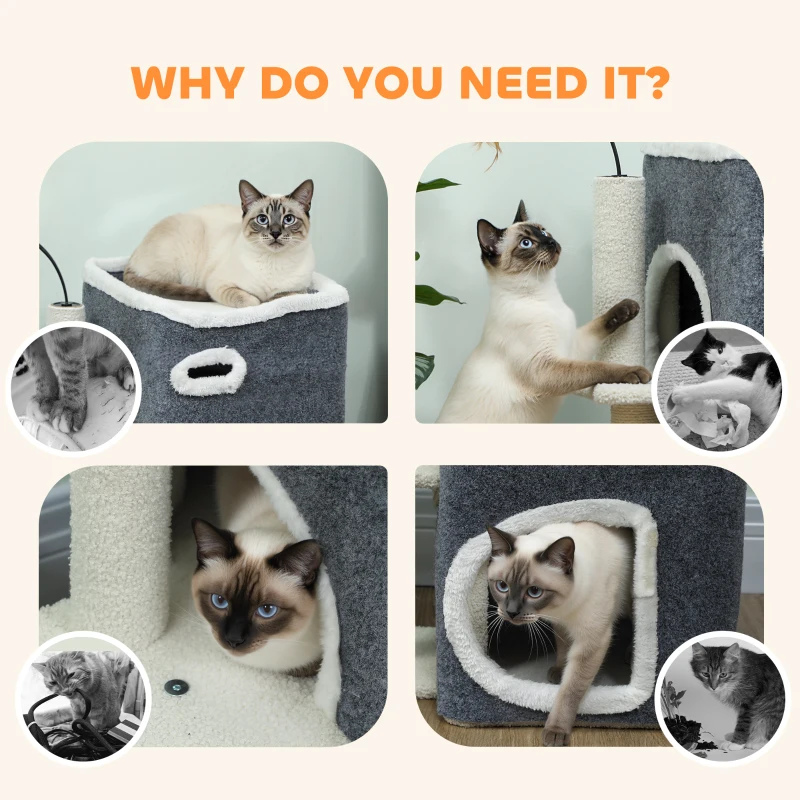 PawHut Drapak dla Kotów 58 cm, Mała Wieża z Jaskinią, 3 Pluszowe Kulki, Słupki Sisalowe, Platforma, Drapak dla Kotów, Drzewko dla Kotów, dla Kotów Średniej Wielkości, Szary